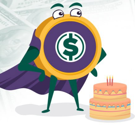 Unclaimed Property mascot — a superhero coin character holding a birthday cake